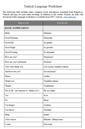 Hoja de ejercicio del idioma turco